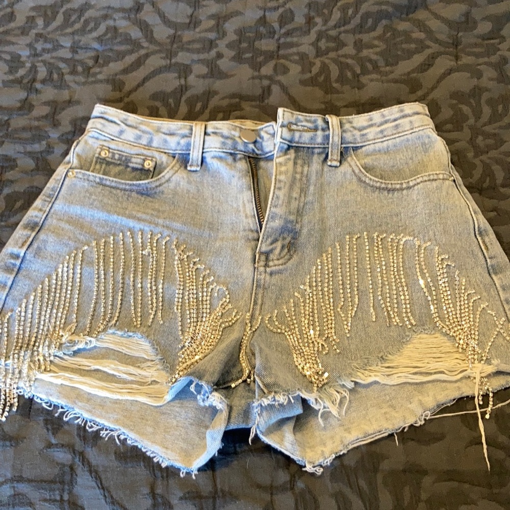 Denim Rhinestone Tassel Shorts